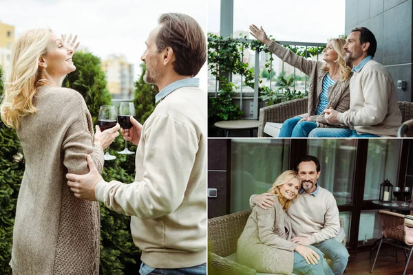 Collage of mature couple embracing and drinking wine on terrace — Stock Photo