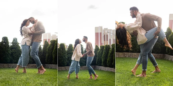 Collage de pareja bailando sobre hierba afuera - foto de stock