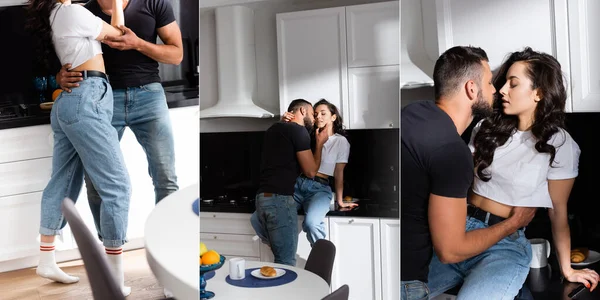 Collage of bearded man hugging beautiful woman with closed eyes in kitchen — Stock Photo