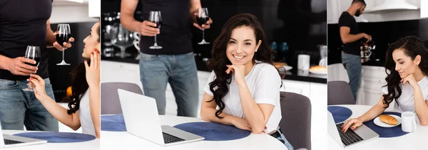 Colagem de freelancer feliz perto namorado com copos de vinho na cozinha — Fotografia de Stock