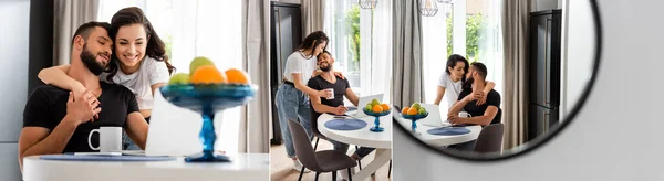 Collage of couple hugging near gadgets and fruits at home — Stock Photo