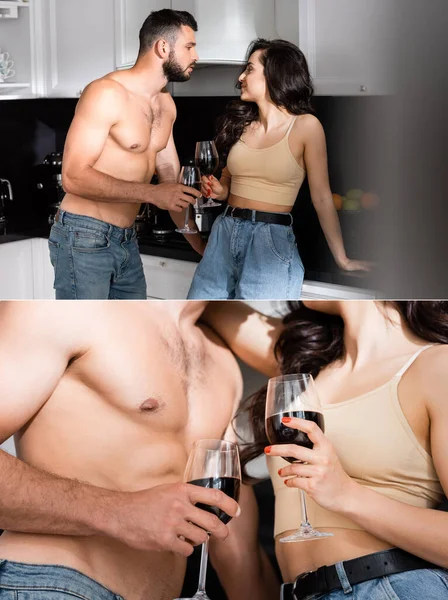 Collage de hombre sin camisa y mujer feliz sosteniendo vasos de vino tinto y mirándose - foto de stock