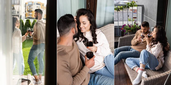 Collage von Paar, das Rotwein trinkt und draußen Gläser hält — Stockfoto