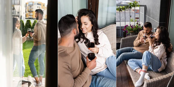 Collage of couple drinking red wine and holding glasses outside — Stock Photo