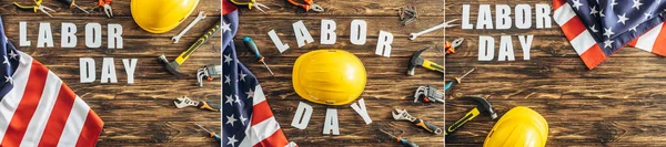 Collage aus Werkzeugen, Schutzhelmen und amerikanischen Flaggen in der Nähe von Schriftzügen zum Tag der Arbeit auf hölzerner Oberfläche — Stockfoto