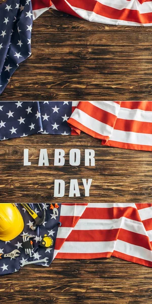 Collage of safety helmet and instruments near labor day lettering and american flags on wooden surface — Stock Photo