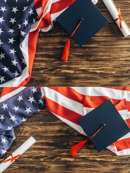 Collage of diploma and graduation caps near american flags with stars and stripes on wooden surface — Stock Photo