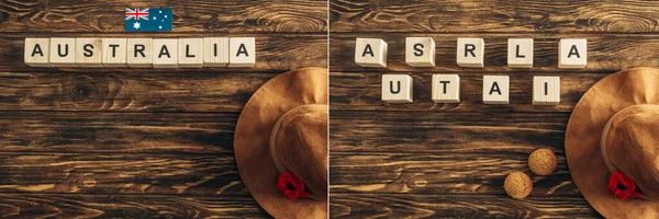 Collage de flores artificiales, sombreros de fieltro, bandera australiana y cubos con letras australia en la superficie de madera, concepto de día anzac - foto de stock