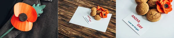 Collage of felt flower on jacket, cards with anzas day lettering near artificial flowers, cookies and blank paper — Stock Photo