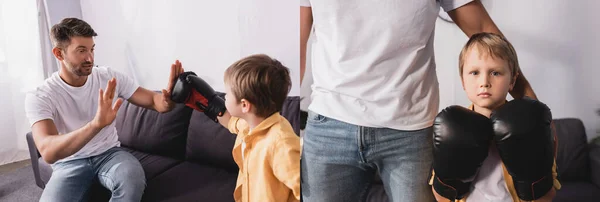 Collage de père touchant épaule de fils portant des gants de boxe et se battant avec lui sur le canapé, image horizontale — Photo de stock