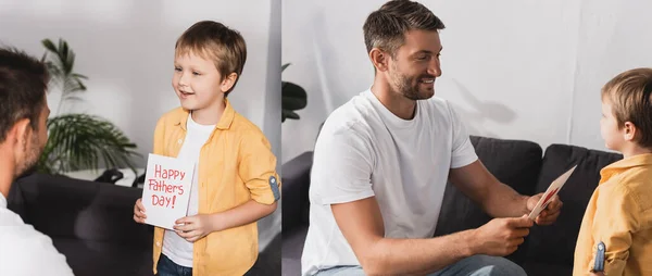Collage eines entzückenden Jungen, der seinem Vater eine Glückwunschkarte zum Vatertag überreicht — Stockfoto