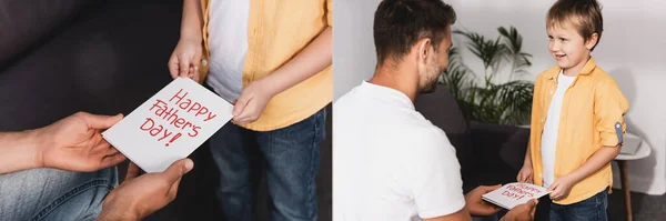 Collage of adorable boy presenting happy fathers day card to father, horizontal image — Stock Photo