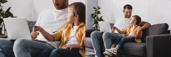 Collage del padre sentado cerca de adorable hijo señalando con el dedo a la computadora portátil - foto de stock