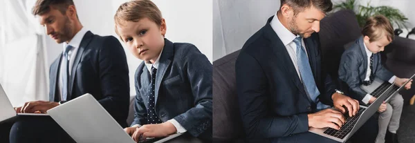 Collage of businessman and his son in formal wear using laptops at home, horizontal image — Stock Photo