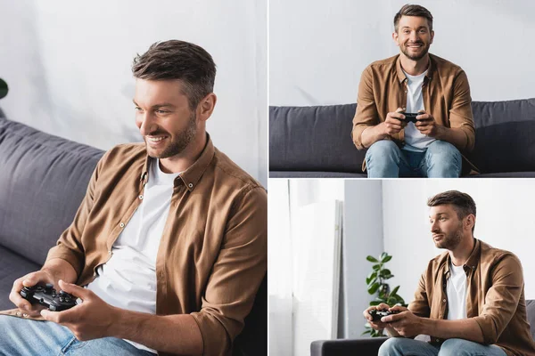 KYIV, UCRANIA - 9 de junio de 2020: collage de emoción hombre jugando videojuego mientras está sentado en el sofá cerca de la planta - foto de stock