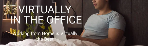 Panoramic concept of mixed race freelancer using laptop near virtually in the office, working from home is virtually the best lettering in bedroom — Stock Photo