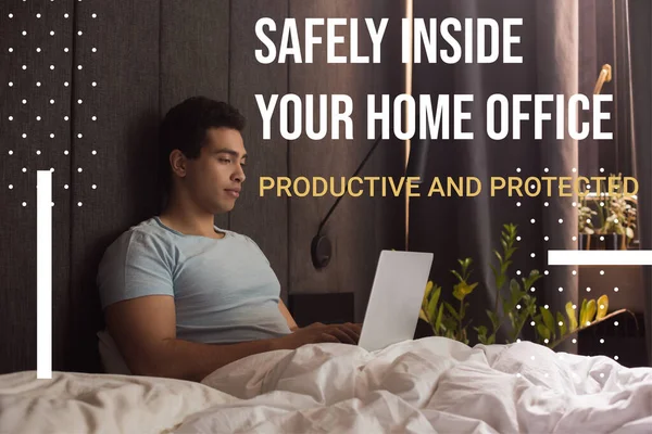 Schöner Mischlingsfreiberufler, der von zu Hause aus in der Nähe Ihres Heimbüros arbeitet, produktiver und geschützter Schriftzug im Schlafzimmer — Stockfoto