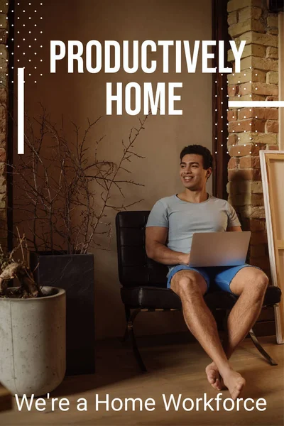 Happy mixed race freelancer chilling with laptop near lettering productively home, were a home workforce lettering — Stock Photo