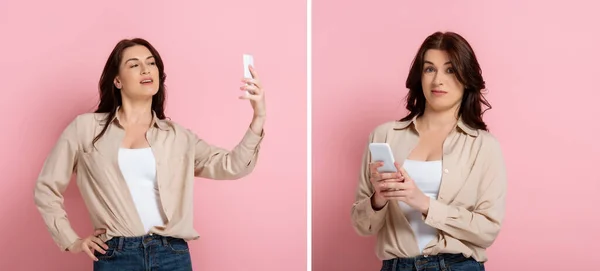Collage di donna sorridente e confusa scattare selfie e utilizzando smartphone su sfondo rosa — Foto stock