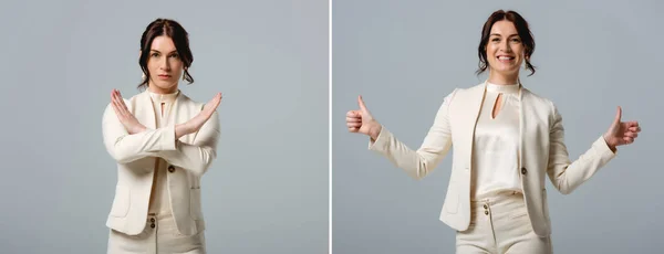 Collage de mujer de negocios sonriente y seria mostrando stop y pulgares hacia arriba gestos aislados en gris - foto de stock