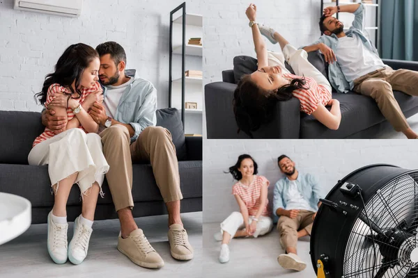 Collage of young couple suffering from heat and feeling cold in living room — Stock Photo