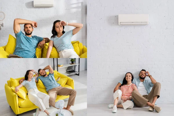 Collage de pareja joven sufriendo de calor y sonriendo en el suelo bajo el aire acondicionado y ventilador eléctrico en casa - foto de stock