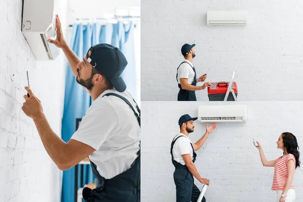 Collage de trabajador de la fijación de aire acondicionado y mirando a la mujer sonriente con mando a distancia - foto de stock