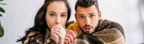 Panoramic crop of young couple looking at camera while wrapping in plaid at home — Stock Photo