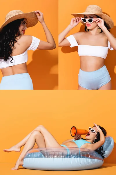 Collage of girl in swimwear touching sunglasses and straw hat while screaming in megaphone and lying on inflatable mattress on orange — Stock Photo