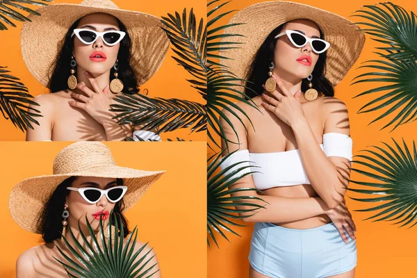 Collage di donna alla moda in costumi da bagno, occhiali da sole e cappello di paglia vicino a foglie di palma su arancione — Foto stock