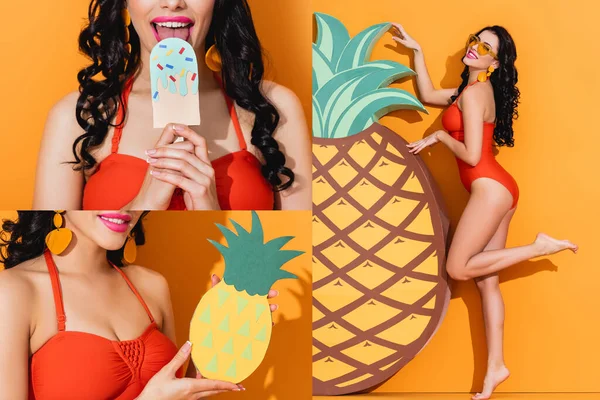 Collage of woman holding and touching paper cut pineapples and licking paper craft ice cream on orange — Stock Photo