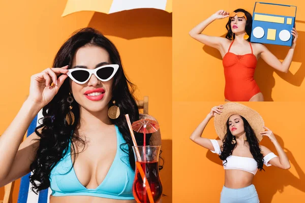 Collage de fille dans des lunettes de soleil tenant cocktail et boombox papier coupé tout en touchant chapeau de paille sur orange — Photo de stock