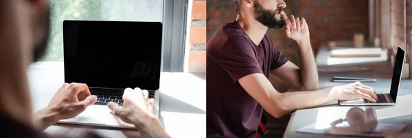 Colagem de homem de negócios barbudo usando laptop no escritório — Fotografia de Stock