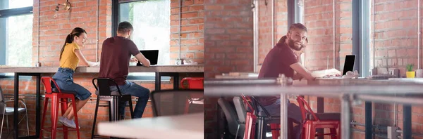 Collage of happy businesswoman looking at coworker using laptop with blank screen in office — Stock Photo