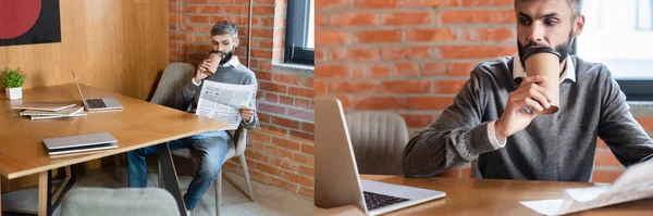 Collage di uomo d'affari in possesso di tazza di carta e lettura di giornali vicino ai computer portatili — Foto stock