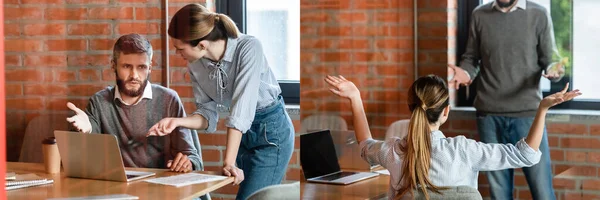 Колаж бізнесмена і приваблива бізнес-леді жестикулює біля ноутбука — стокове фото