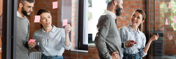 Collage of attractive businesswoman looking at sticky notes near businessman — Stock Photo
