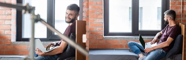 Collage de hombre de negocios feliz usando el ordenador portátil mientras está sentado en el asiento de la ventana - foto de stock