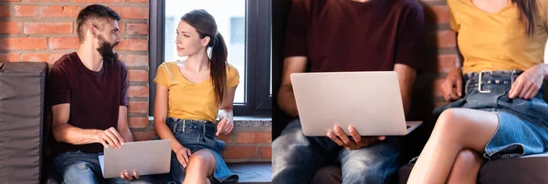 Collage of businesswoman looking at businessman with laptop while sitting on window bench in office — Stock Photo