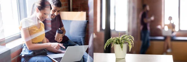 Collage of excited woman pointing with finger at laptop near businessman with paper cup — Stock Photo