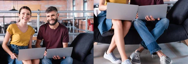 Collage di uomo d'affari positivo e donna d'affari che utilizza computer portatili mentre si siede sul divano — Foto stock