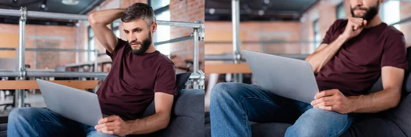 Collage eines gutaussehenden Geschäftsmannes, der auf dem Sofa sitzt und Laptop im Büro benutzt — Stockfoto