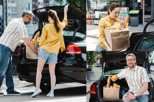 Collage di coppia sorridente mettendo shopping bag con cibo nel bagagliaio dell'auto sulla strada urbana — Foto stock