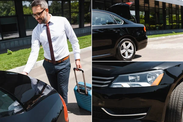 Коллаж бизнесмена с чемоданом, стоящим возле машины на городской улице — стоковое фото