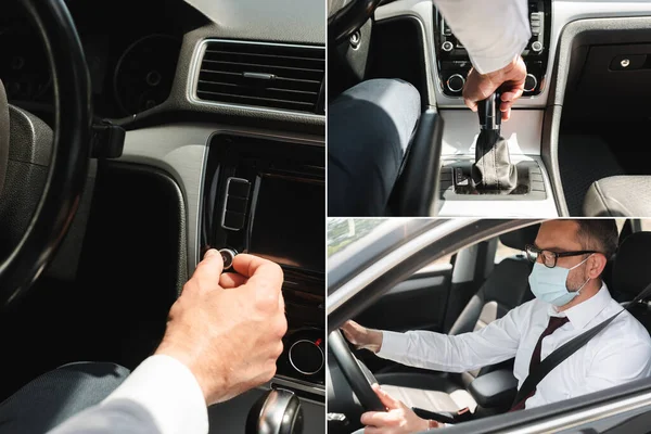 Collage of businessman driving car in medical mask — Stock Photo