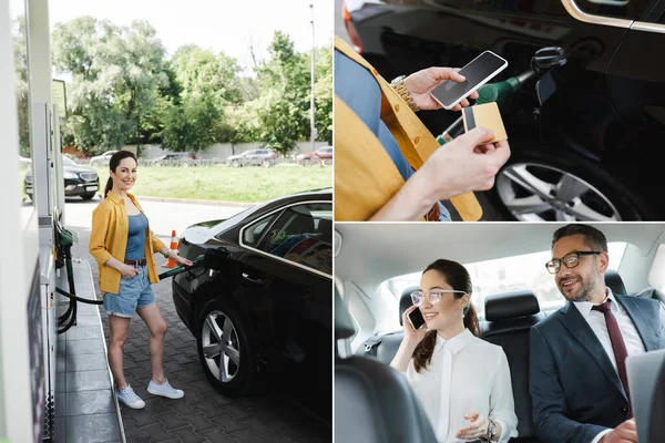 Collage d'une femme souriante tenant une carte de crédit et un smartphone sur une station-service et un homme d'affaires et une femme d'affaires utilisant des gadgets en voiture — Photo de stock