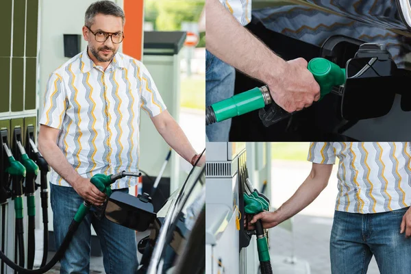 Collage de hombre guapo sosteniendo la boquilla de repostaje y repostando el coche al aire libre - foto de stock