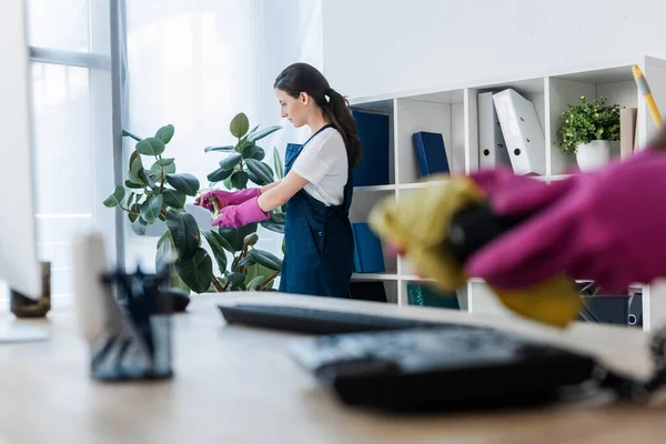 Focus selettivo dell'impianto di spruzzatura più pulito vicino al telefono di pulizia del collega sul tavolo dell'ufficio — Foto stock