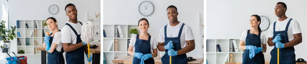 Collage of positive multiethnic couple holding cleaning supplies in office — Stock Photo