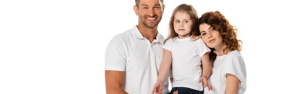 Panoramic orientation of happy family looking at camera isolated on white — Stock Photo